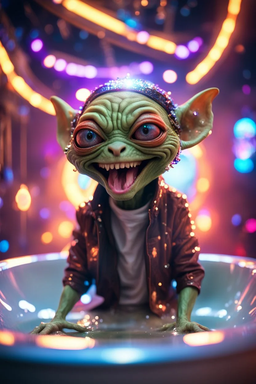 portrait of ultimate transcendent happy disco helmet wested pimp goblin gremlin weasel alien frown with spotlights and huge dripping forked tounge sticking head out of a bathtub portal, in front of space portal dimensional glittering device, bokeh like f/0.8, tilt-shift lens 8k, high detail, smooth render, down-light, unreal engine, prize winning