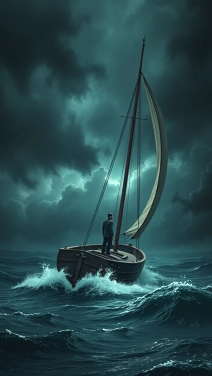 Bosch painting style nightmare in 3D , a man on a sailings boat in storm background, high Quality picture , 8k
