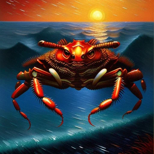 The Humungus Crab Monster, with humungus crab pincers, Red Glowing eyes, coming out of ocean, by van Gogh 8k