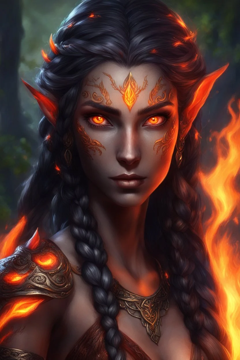 Fire Eladrin druid female. Hair is long and bright black part glows. Part of hair is braided and fire comes out from it. Big bright red eyes. s. Skin color is dark. Has a big deep scar on face. Is generating fire from her hand