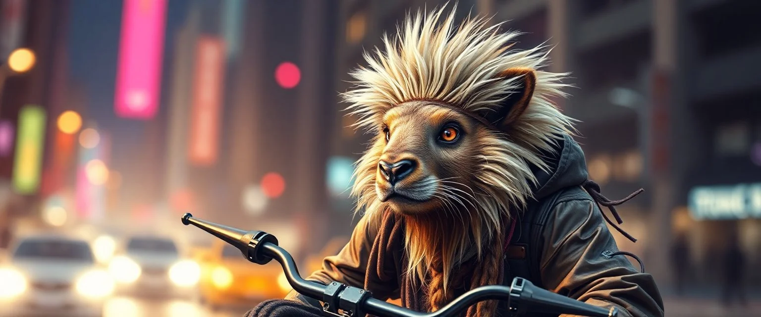 Rembrandt wall poster of transparent biker weasel rasta man with cute fur, in big cyberpunk city crossover, volume light and motion blur, airbrush and pen outline