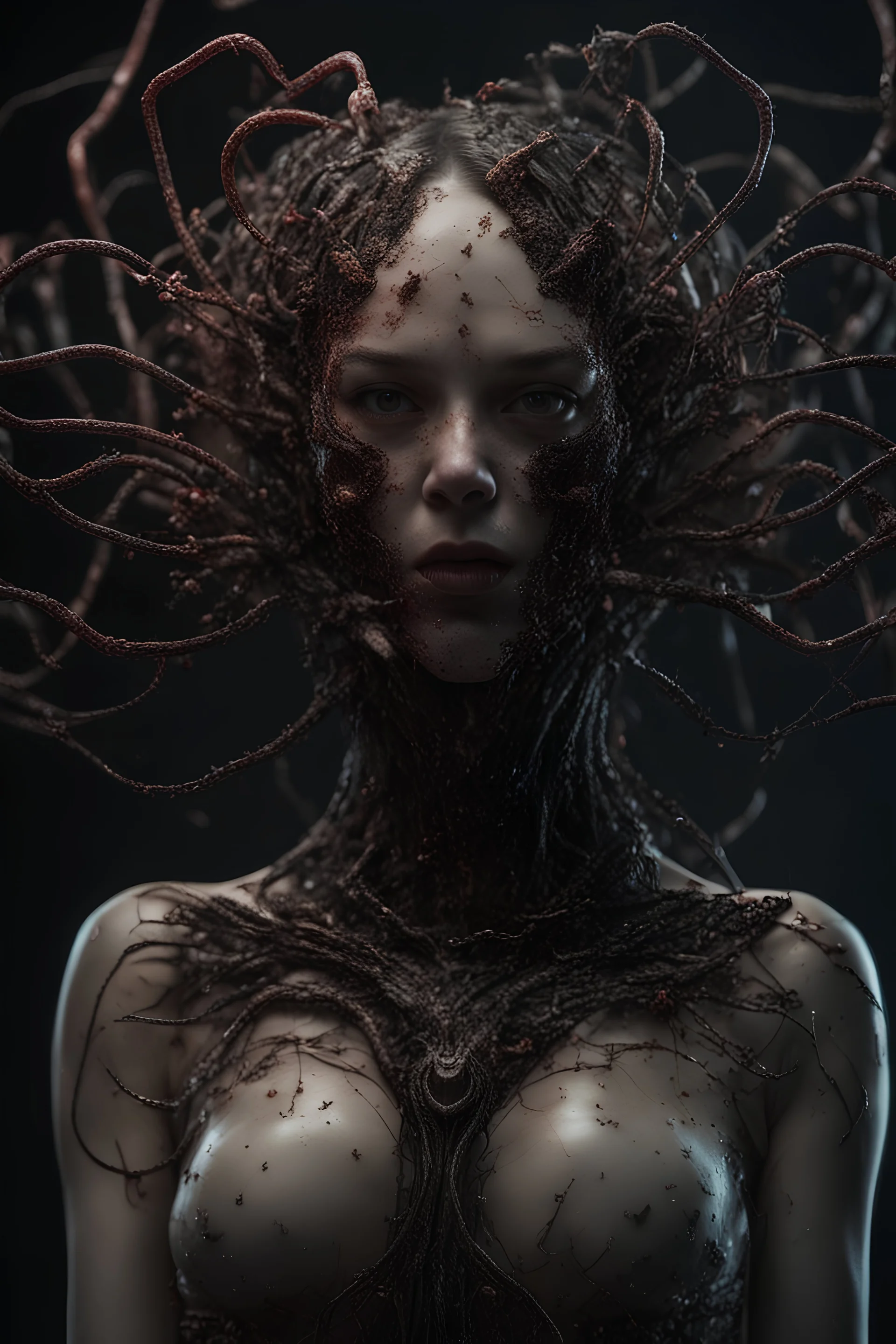 Demon girl, fullbody, creepy, horrifying, sinister, many worms parasite creature connected to the head, sparks around her, sparks cybernetic, intricate, 8k, macro photography,