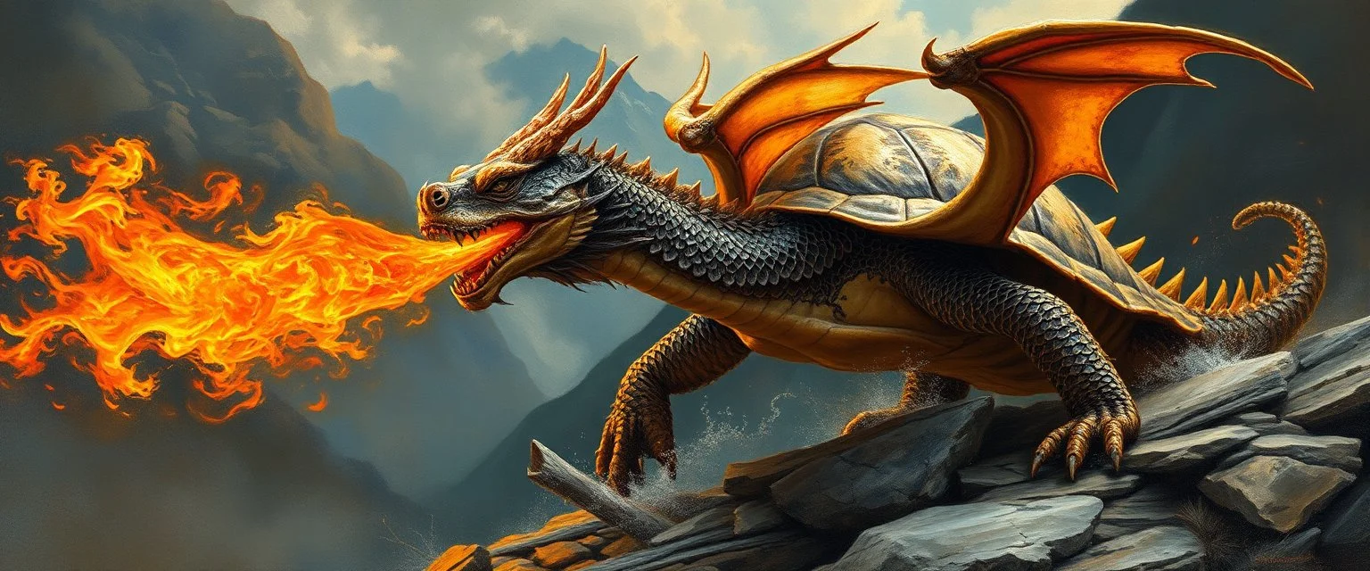 master oil painting by Rembrandt, good afternoon turtle dragon with fire breath, in mountain pass