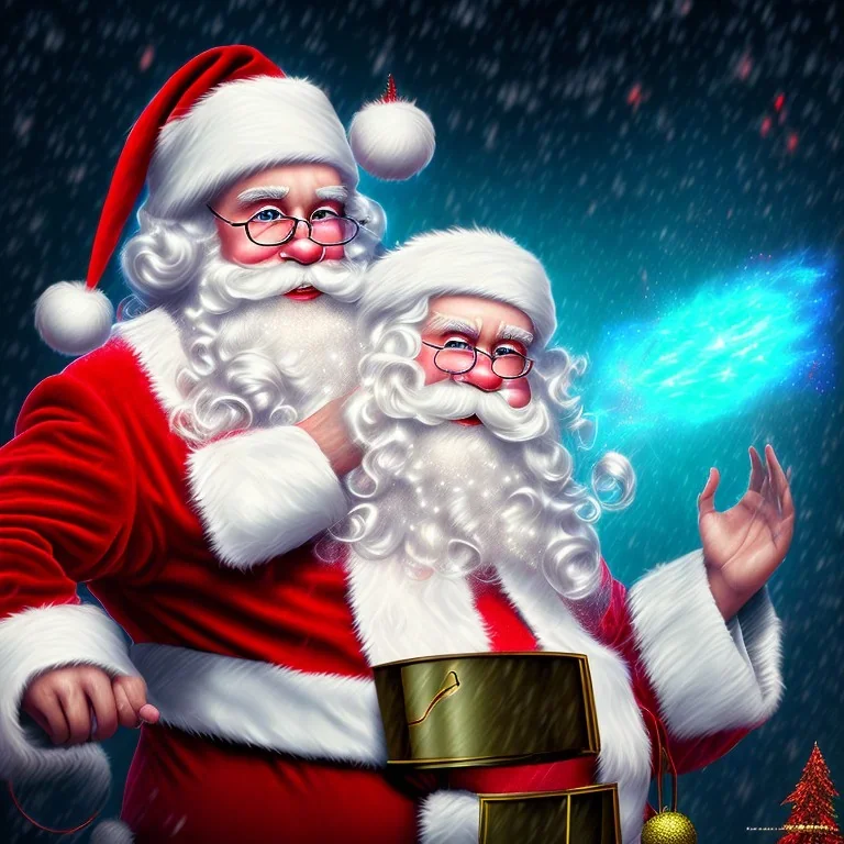 Santa, red green blue, high definition, ultra 8 k, liquid lighting, fire, rain, realistic