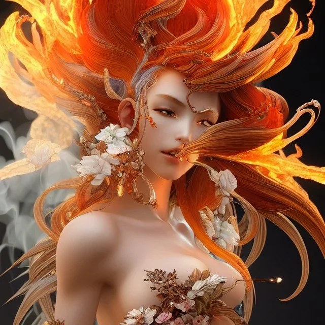 character render a goddess of fire, intricate, flowy, volcanic ash, lava as hair, smoke, intangiable, close-up, centered, Character concept by yoshitaka amano, herbert arnould olivier, alphonse mucha, Akihiko Yoshida, Hyung-tae Kim, alexander mcqueen. trending on Artstation