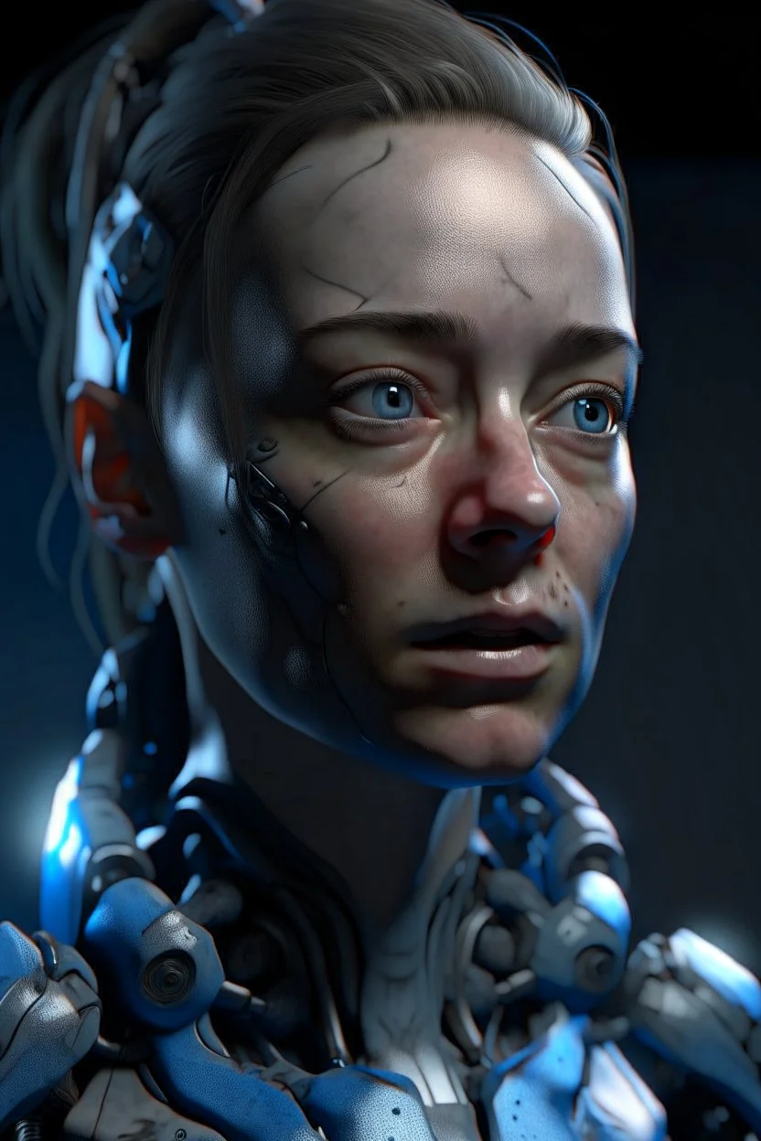 Cyborg female evolving | concrete floor | detailed | fine art | highly detailed | smooth | sharp focus | ultra realistic | full body portrait view, Mysterious,blue metal, smile