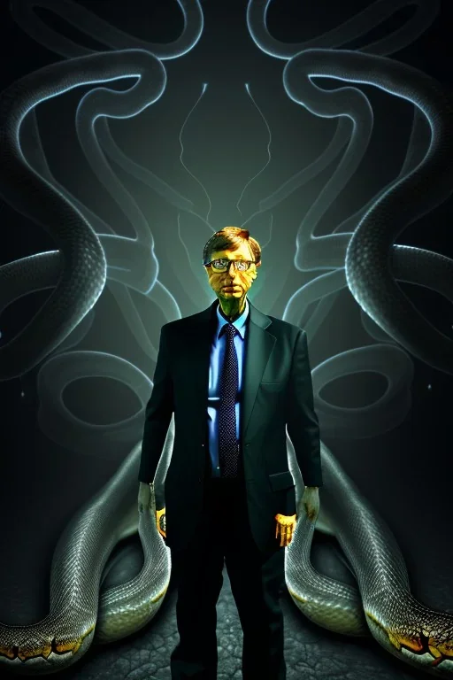 Full body photography of ethereal BILL GATES the world snake, Fire theme art, Dark moody night atmosphere, by Michelangelo, 8K, high body details, anatomically perfect body, oak tree roots, ignore NSFW,