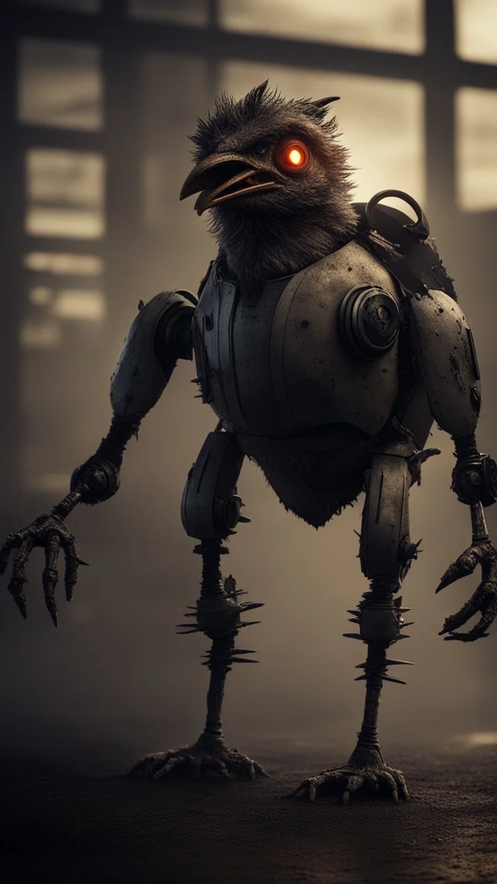 chicken monster robot with eerie lighting and a haunting atmosphere , photo / ultra realistic cinematic