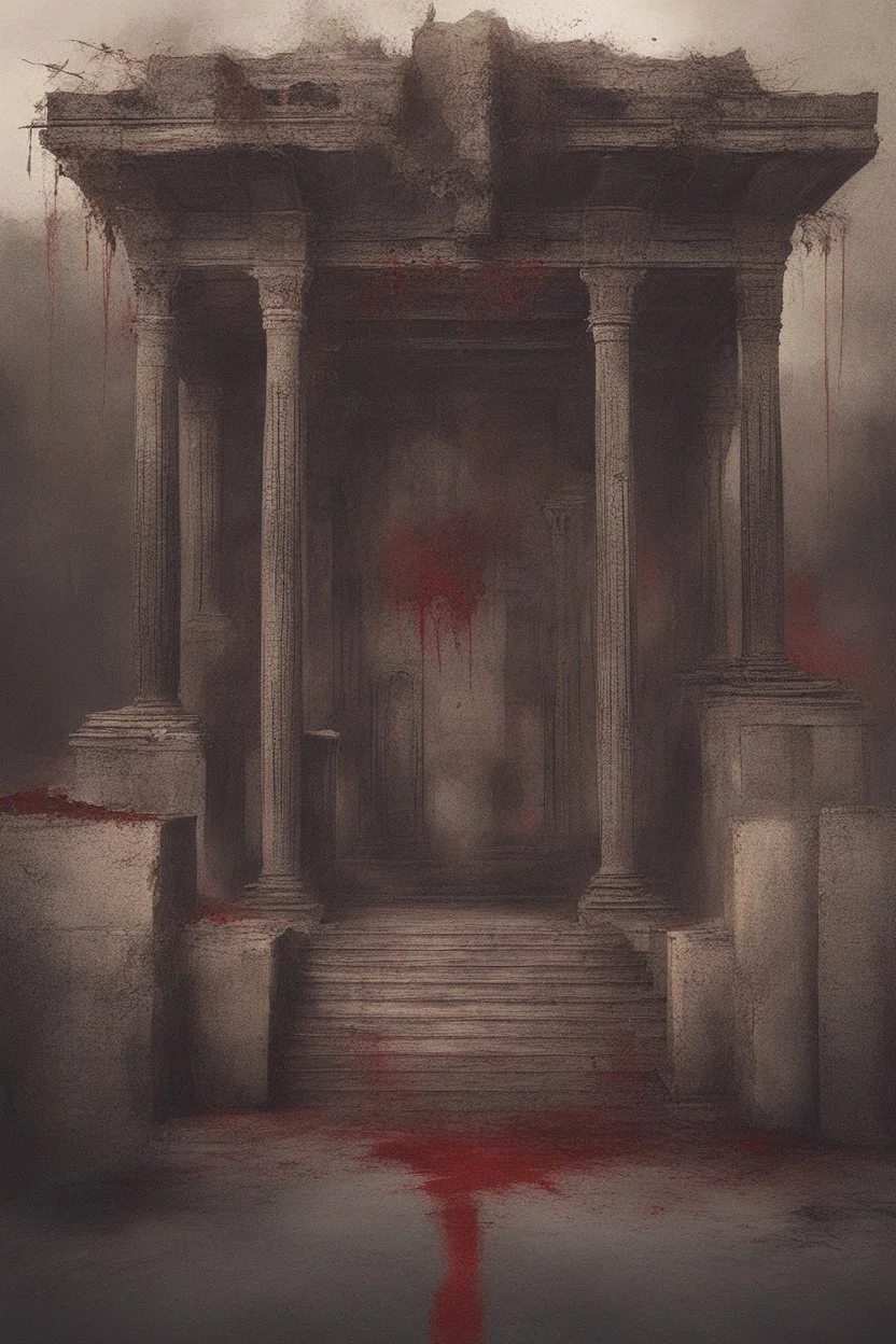 Broken temple with the floor covered in blood