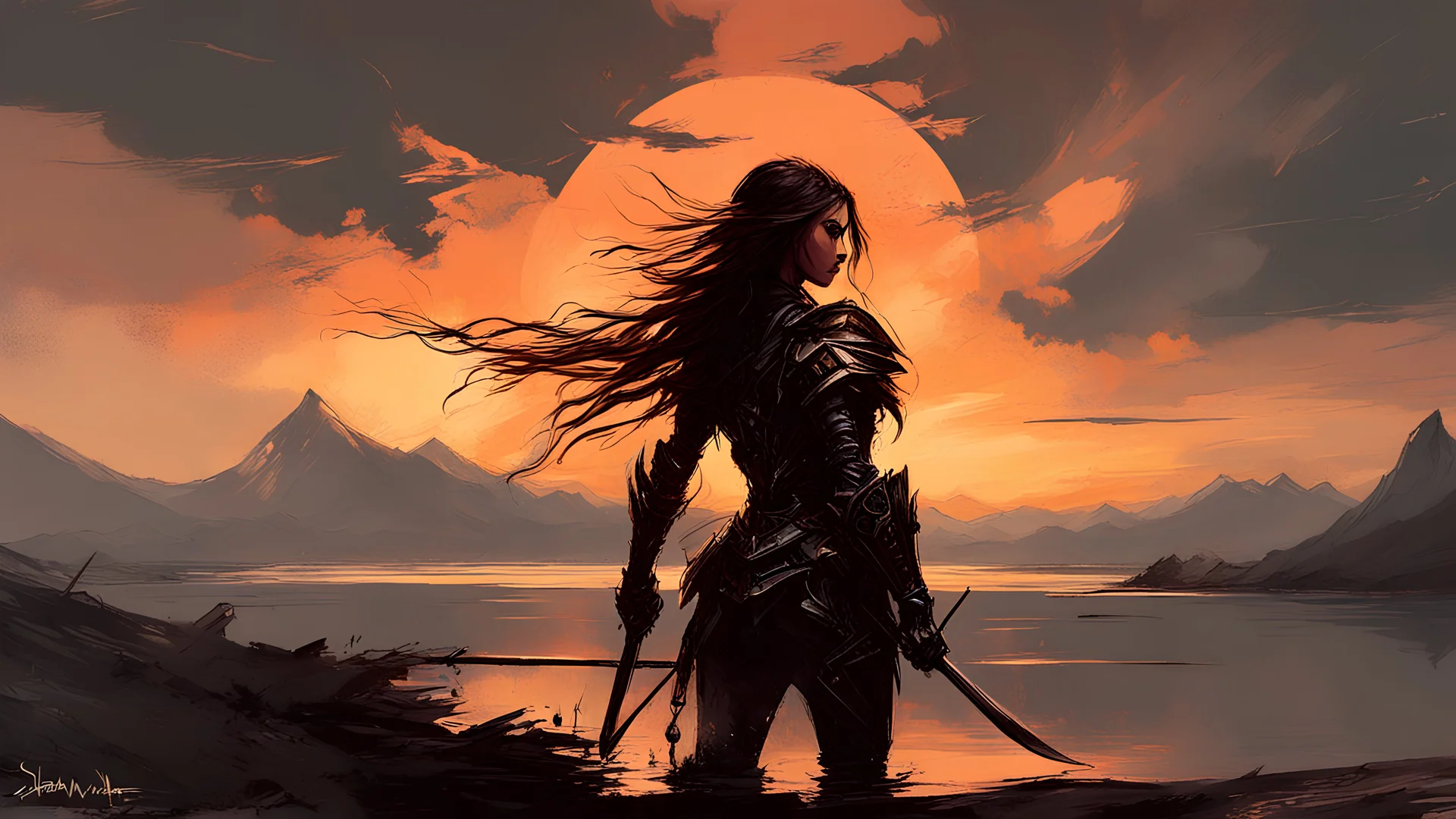 A formidable warrior girl in black armor, on the background Amazing gloomy landscape, flooded with sunset, mountains, trees, fabulous scary hero, , juicy emotions, painting, dark fantasy, gloomy day, dark world, portrait, by Stephan Martiniere & Benedick Bana & Carne Griffiths & Brian Kesinger