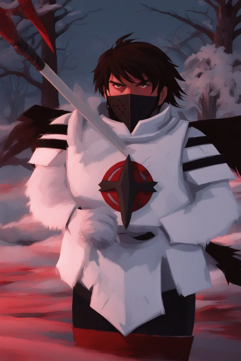 The character, depicted in a striking white armour against a wintry backdrop stands with his hands behind his back inside the scene, he has a red and black circular symbol on his chest like a shield, a black pointed spear with a red handle on his back, His eyes are showing a dynamic expression and he wears a black oni mask with white teeth covering the bottom part of his mouth he has brown shoulder pads and a white belt with a bag attached to it. He has dark brown hair, he does not wear a helmet