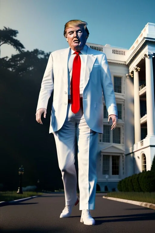 Ultra realistic image night, Donald trump zombie, suit, blood, torn arm, night, the walking dead style, dark ambient, highly detailed, White House background, concept art, unreal engine 5, ray tracing, RTX, ultra detail, volumetric lighting, high definition, high resolution.