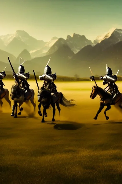 mounted knights galloping across an open field, swords in hand, mountains in distance