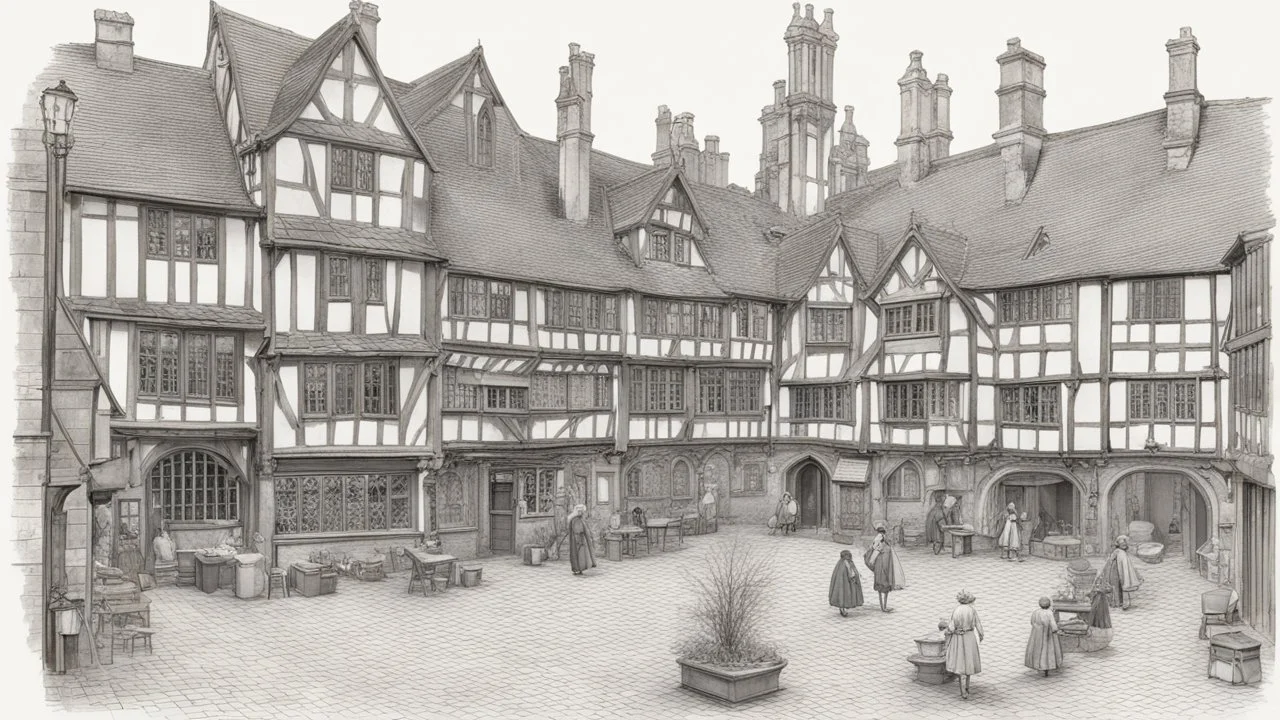 A Paved Courtyard, With Tudor Gothic Houses, Tall twisted Chimneys, twisted Roofs, People, Shops,