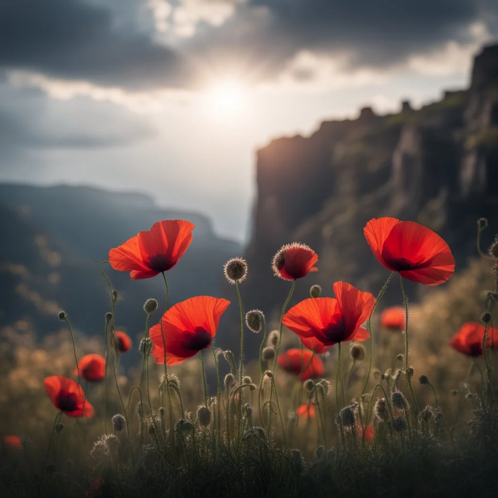 Red poppies blossoming in sharp focus against sunlight, brooding cliffs, bokeh effect softening the foreboding clouds in the background, studio photo setup, intricate petal details showcasing a cinematic production value in character renders, vibrant yet with high contrast, captured from a dark, low angle, atmospheric mood, 8k HDR resolution for a hyper-realistic botanical masterpiece, 500px quality.