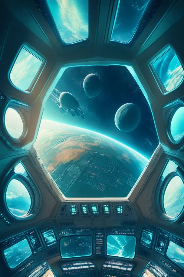 view from inside a huge spaceship. Many windows in front showing the planet earth. 3 aliens being control complex buttons and screens.