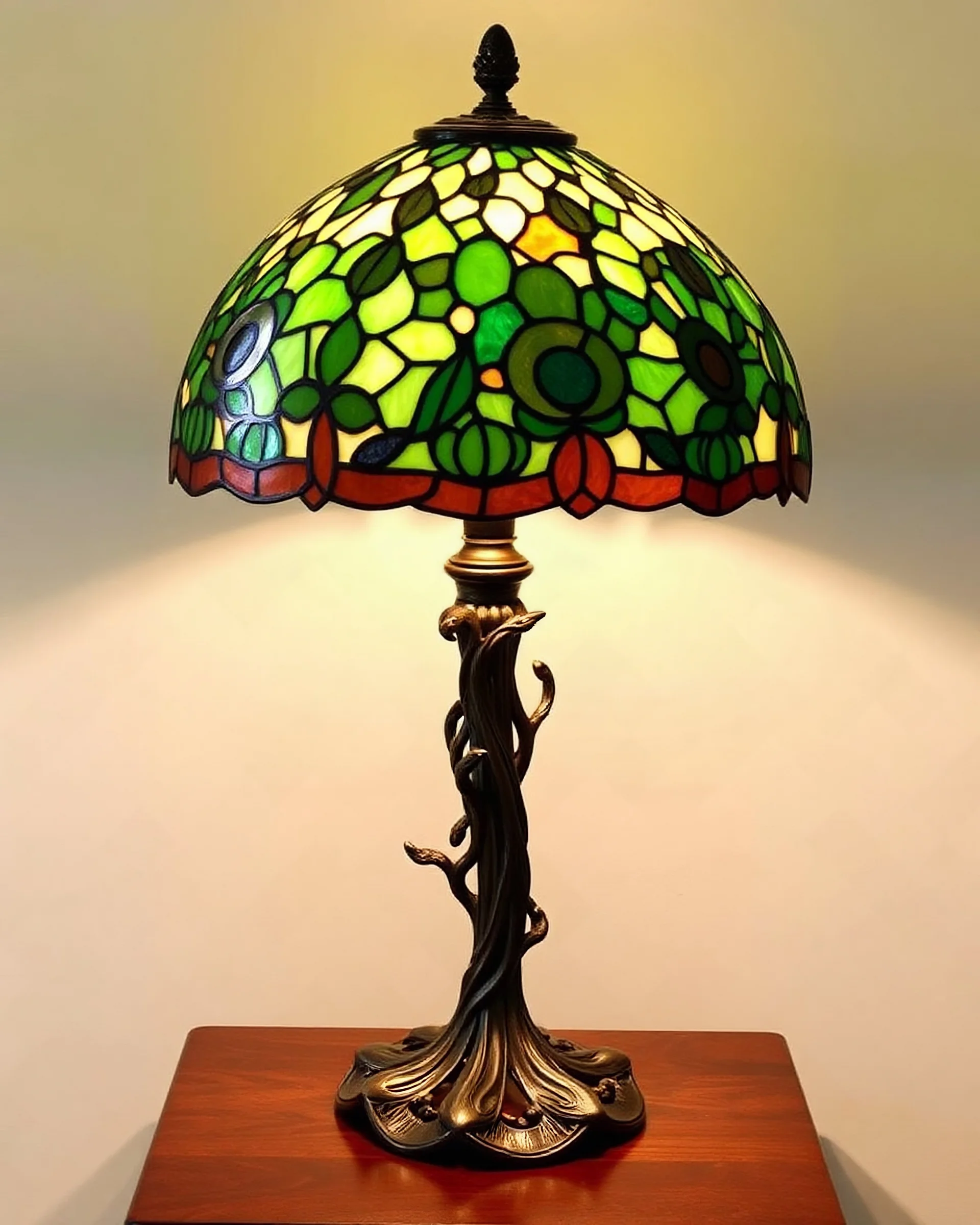 Tiffany-Style Lamp — stained glass shade with peacock feather pattern, bronze vine base, glowing on mahogany desk.
