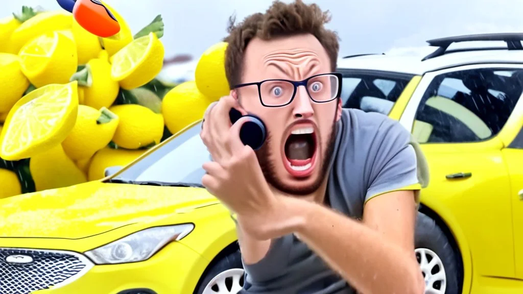 guy in hurricane arguing on phone next to his kia sportage made out of lemons