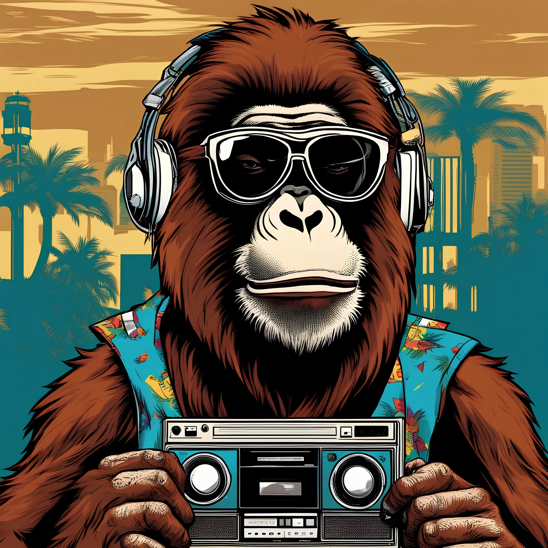 cool thug orangutan (wearing bandana and sunglasses) on the street in compton with a stereo boom box on shoulder in a pop art comic book style