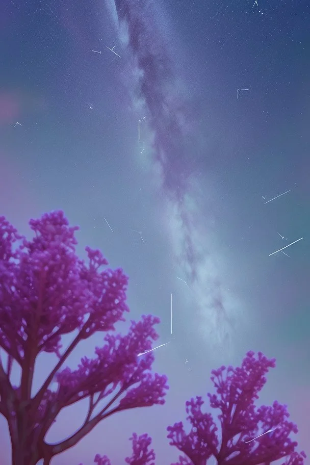 A song poster containing the night sky with stars and one shooting star with lavender flowers written on it the birth of a star Photorealistic