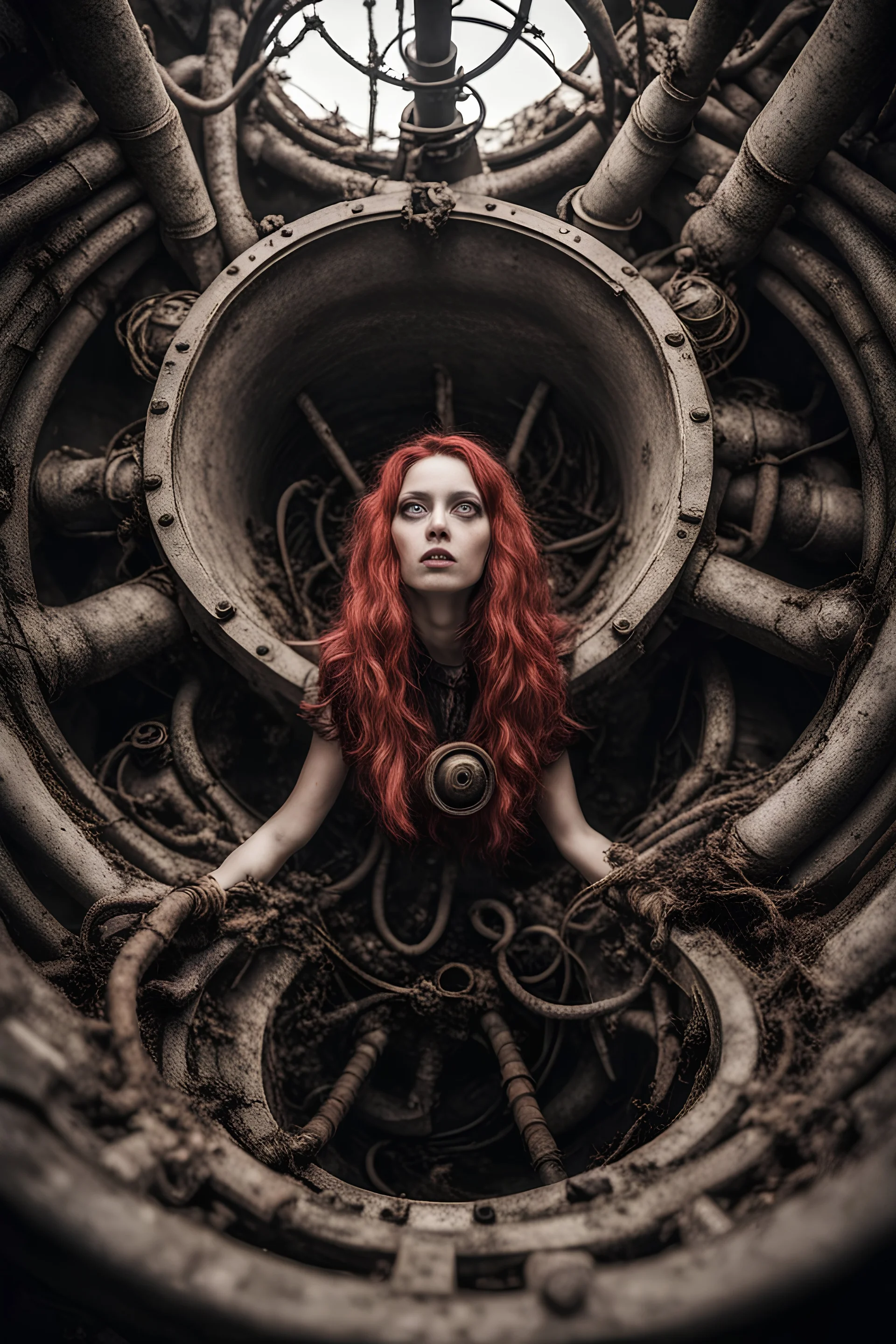 Girl with big eyes, fullbody, dieselpunk, valves extended like roots rising from the ground, the perspective looking up from the bottom of an empty well , 8k, macro photography by <John Kenn Mortensen>, darkred tones,