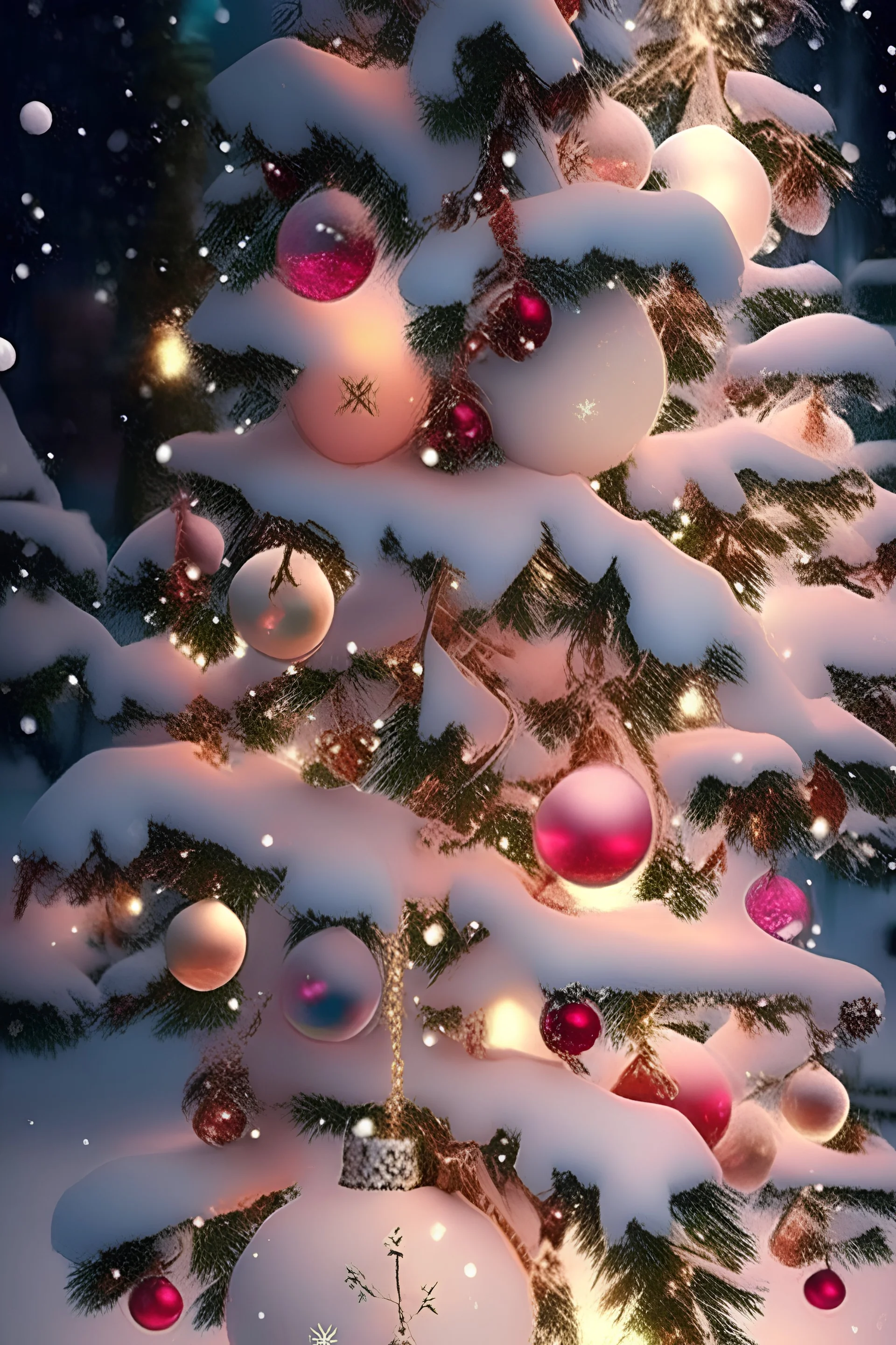 A christmas tree , decorated , lights , balls , bows , in the snow , soft colors ,