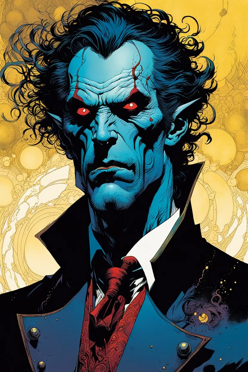 create an ethereal, otherworldly Ravnos antediluvian vampire shape shifter , in the comic book art style of Mike Mignola, Bill Sienkiewicz, and Jean Giraud Moebius, with highly detailed facial features , finely inked , dramatic natural lighting