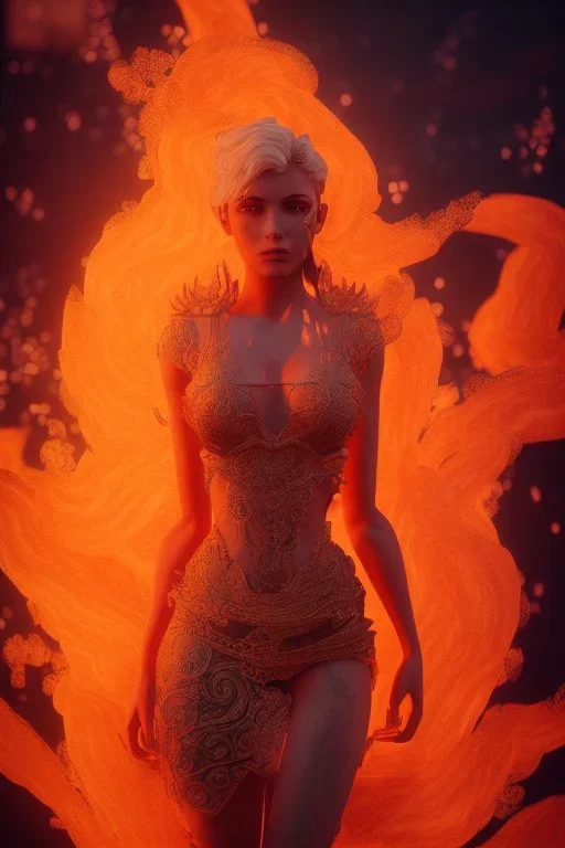 portrait of samantha prince set in fire, cinematic lighting, photorealistic, ornate, intricate, realistic, detailed, volumetric light and shadow, hyper HD, octane render, unreal engine 5 insanely detailed and intricate, hypermaximalist, elegant, ornate, hyper-realistic, super detailed --v 4