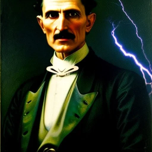 Nikola tesla, highly detailed face, surrounded by lightning bolts in the style of tom bagshaw, alphonse mucha, gaston bussiere, cyberpunk. anatomically correct elegant body. extremely lush detail. masterpiece. melancholic scene infected by night. perfect composition and lightning. sharp focus. high contrast lush surrealistic photorealism.