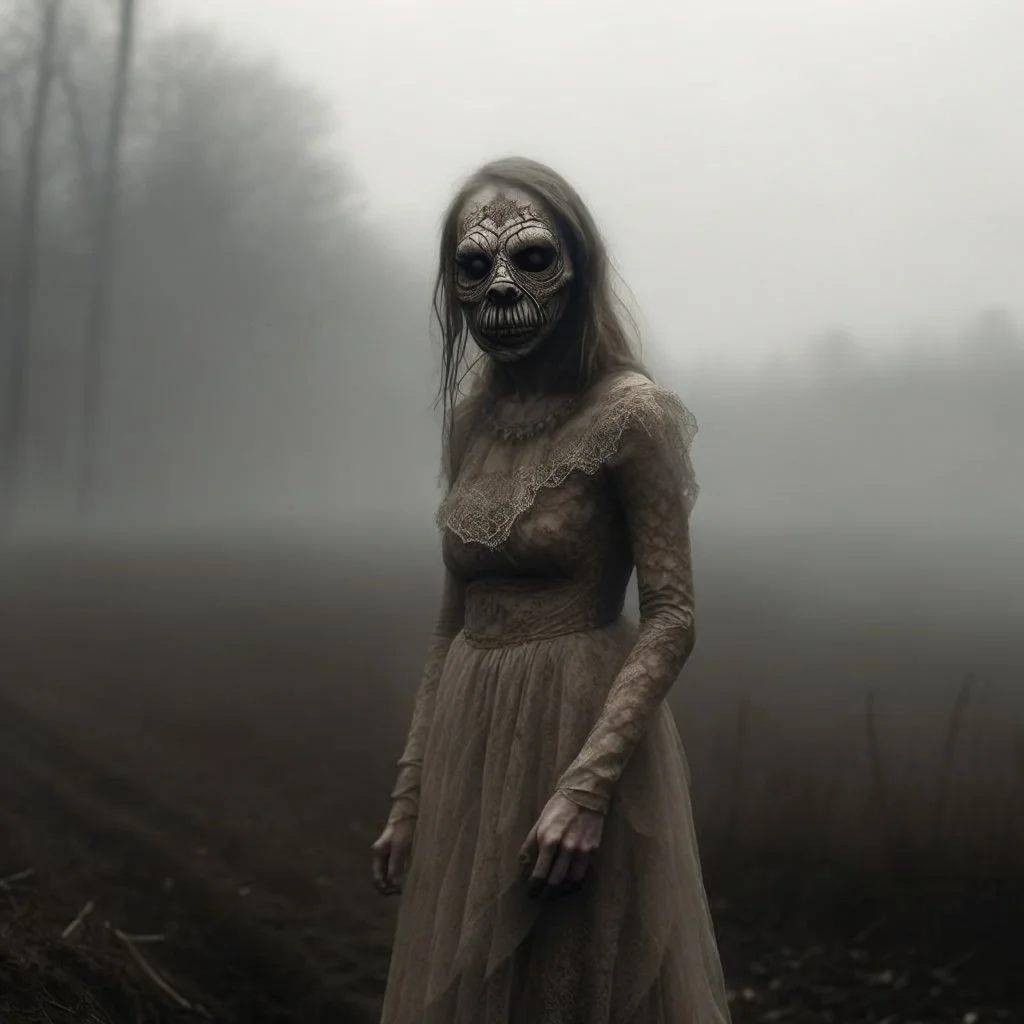 Countryside, morning, foggy. Gritty, raw portrait photo of obscene filthy demon with creepy face, eerily mysterious, grainy, intricate patterns, details of the dress and skin extremely accentuated