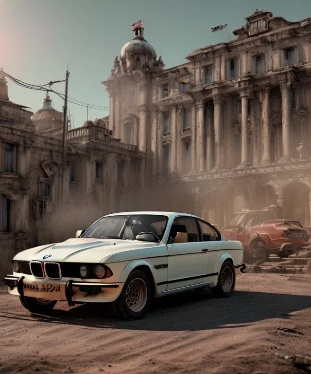 Realistic image. BMW 4 2024. 4k resolution, intricate details, ornate details, soft lighting, vibrant colors, mad max background