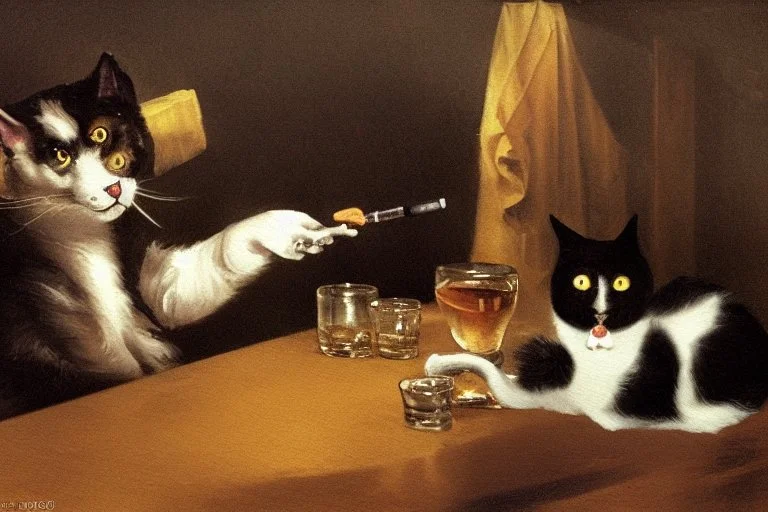 childrens book illustration, macskássy izolda, a frightened looking black and white cat with a cigarette in his mouth, a glass of whiskey in his hand, looking just at us in a smoky pub, van eyck, painted on rough canvas with exaggerated lines, sharp brushstrokes, dripping, plastic paint watercolor and ink, oil on canvas jean baptiste monge