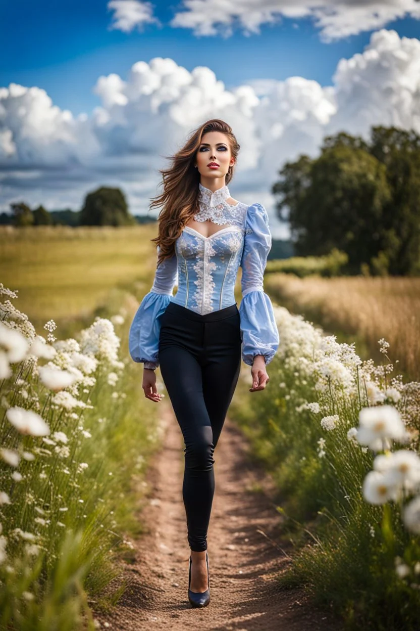 fullbody girl makeup wearing a victorian top and tight pants walking in country side ,flowers ,pretty clouds in blue sky