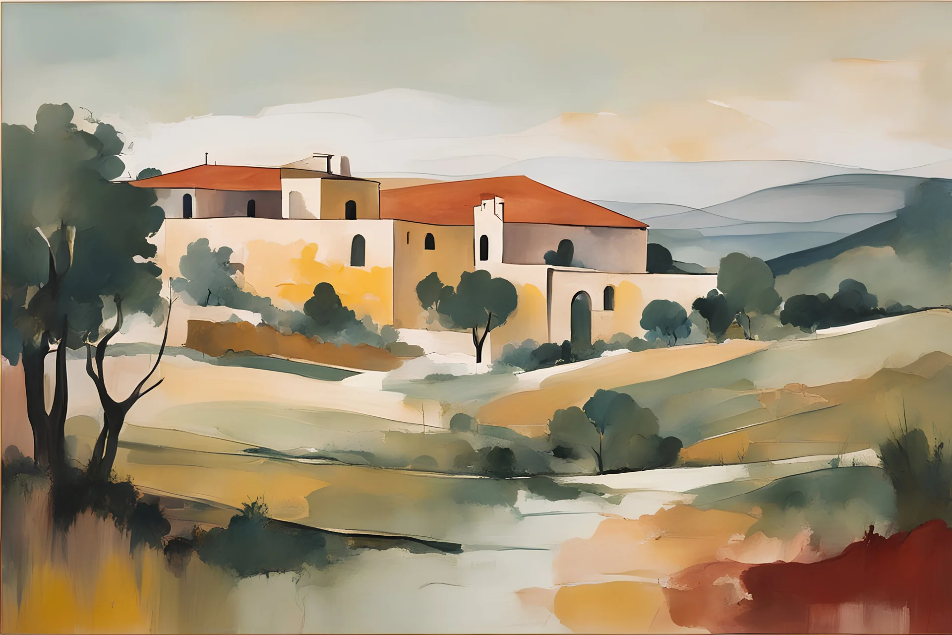 an abstract painting of an idyllic 16th century Spanish villa set amidst rolling hills and ancient olive groves , in the imagery-stain painting style of Helen Frankenthaler and Jim Dine, muted natural colors, museum quality masterpiece