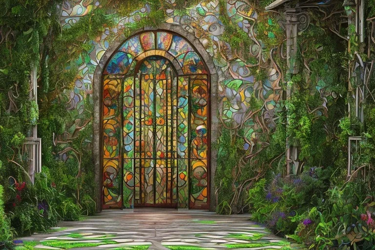 open iron gates made of colorful stained glass, covered in vines, trees, very large entry leading to a lush garden, see lot details in the garden, photo realistic 4k, nature, beautiful hand laid checkered pattern stone walkway path, trending on artstation, sharp focus, studio photo, intricate details, highly detailed, by greg rutkowski