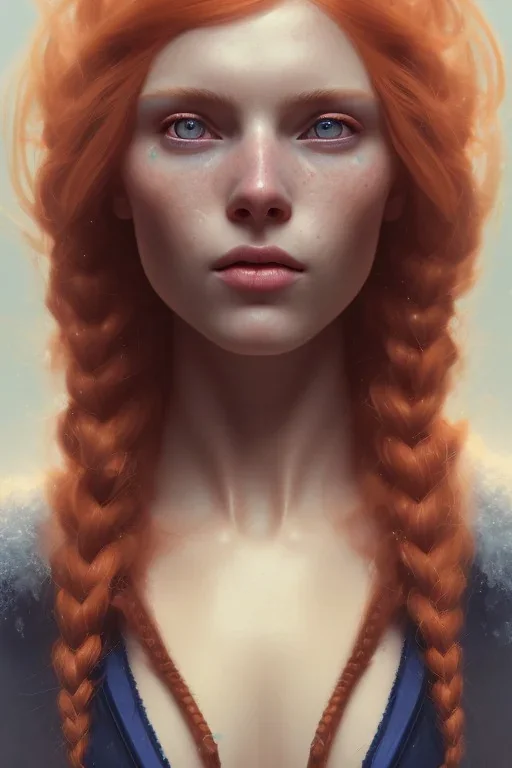 Woman, big tit, beautiful, orange hair, two braids, bangs, blue eyes, big eyes, freckles, long eyelashes, Frozen, 8k resolution concept art portrait by Greg Rutkowski