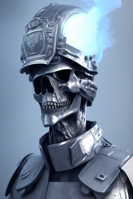 British ghost soldier, high tech skull special forces helmet, shiny platinum helmet, white smoke, dark, rage, sorrow, high definition, ultra 8 k, volumetric lighting, blue fire, fog