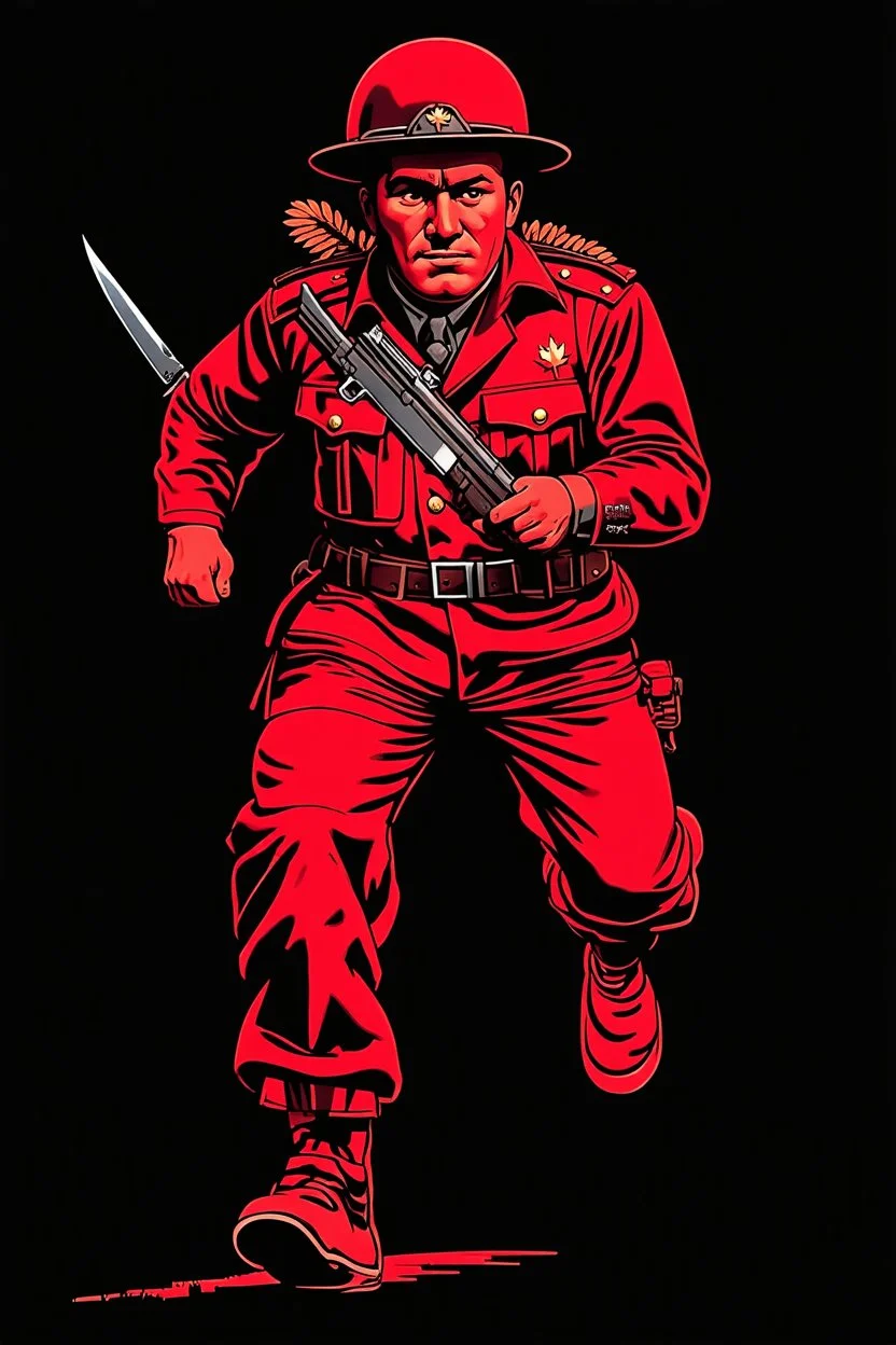 native canadian soldier(uniform and face based on racist steriotypes) running towards viewer, a knife i one hand, and a gun(barrel pointing at viewer) in the other. blocky retro 1960's jack kirby style poster in monochrome with white background