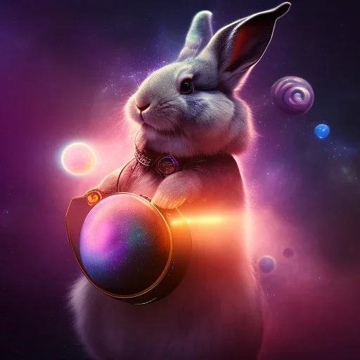 galaxies, spirals, space, nebulae, stars, smoke, iridescent, intricate detail, in the shape of a rabbit, fur wearing color diamonds, octane render, 8k, --q 2 --ar 2:3 --uplight