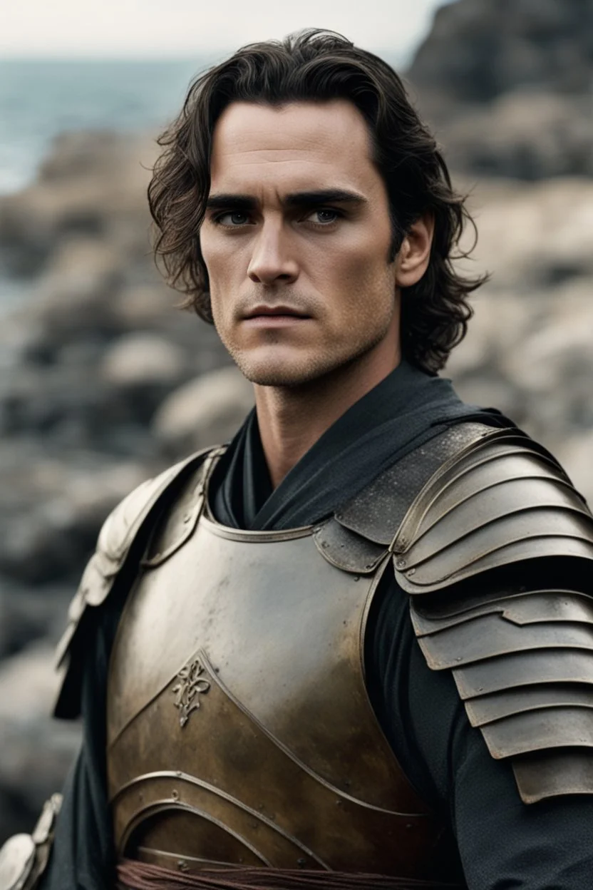 A portrait of Joaquin Phoenix in his early 30s, long beachy haircut, black hair, on a rocky island, in burnished medieval samurai armor, melancholic and dangerous facial expression, half-smiling