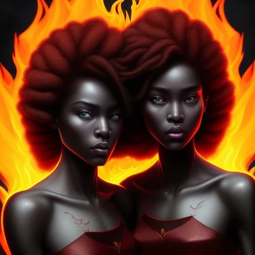 3D. Detailed Painting .realistic. Dark skin women. Beautiful. the faces of two young black women. Warm. Fire nymphs emerging from the flames.red.. Energy. Focus. THeir hair looks like smoke .smoke curling. Dreadlocs. Their skin is the colour of charcoal . Their hair moves like smoke. . their clothing is made of flames, red. Orange. Yellow. White and gold