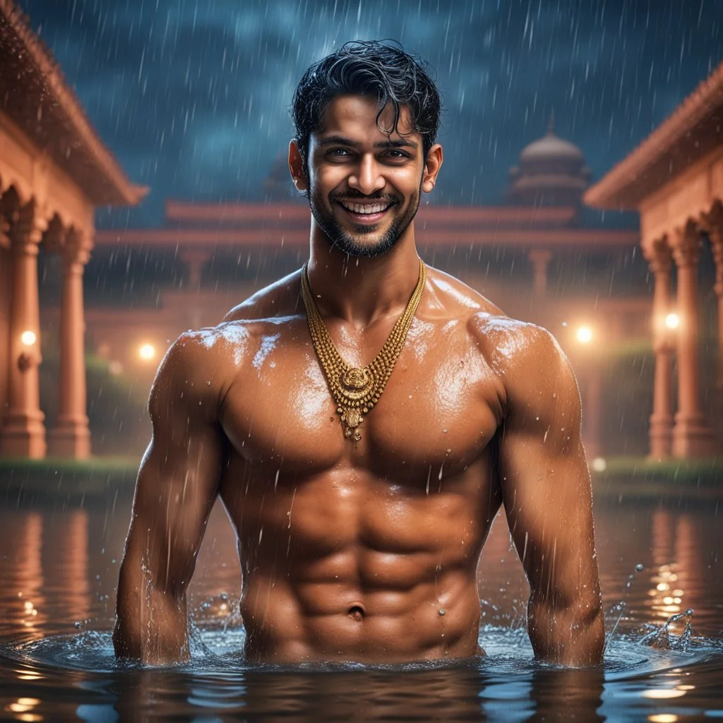 Hyper Realistic handsome Young attractive shirtless muscular short hair Indian king with wet chest smiling & bathing in a pond outside traditionally beautiful Indian palace at heavy rainy night