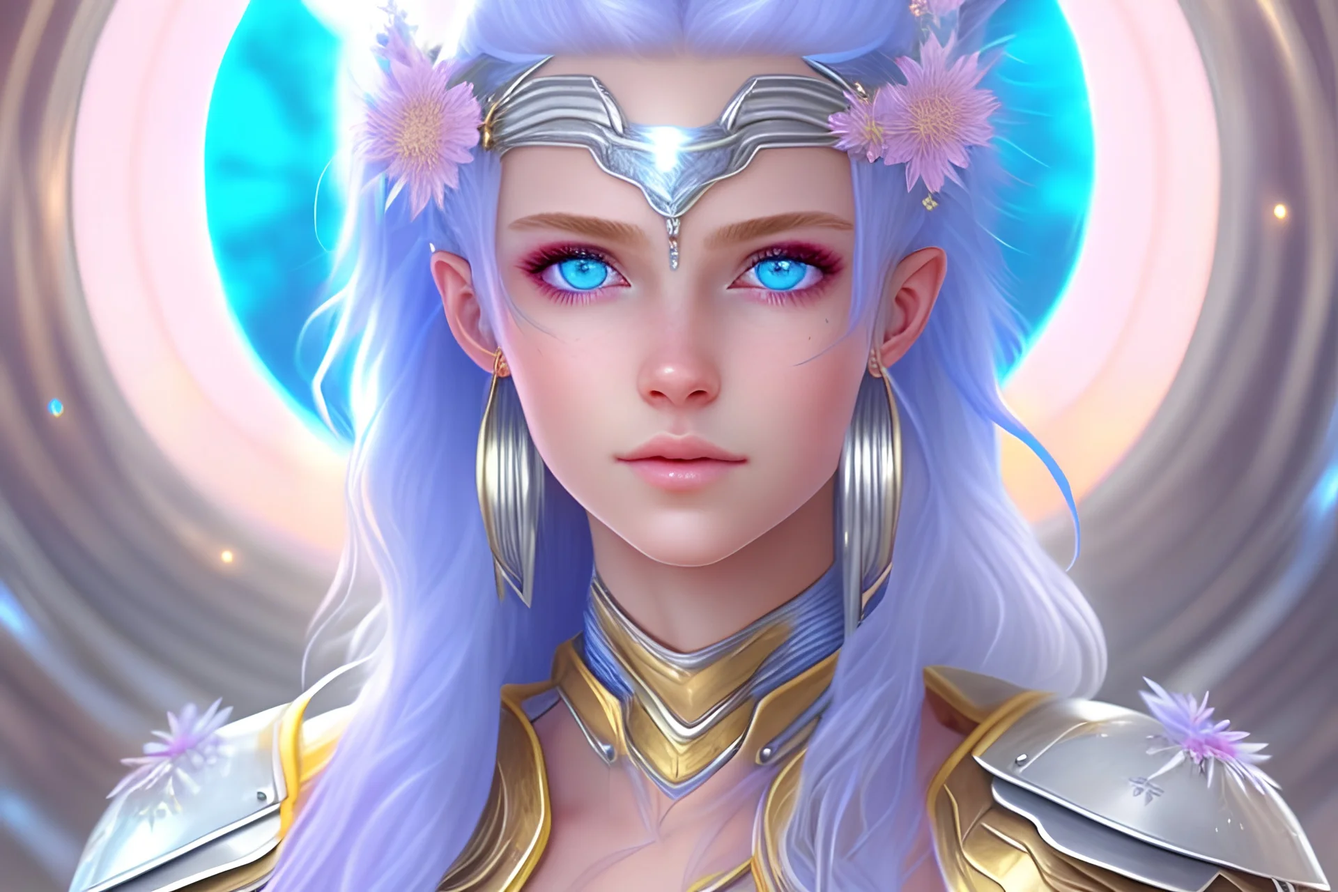 very very beautiful young lady, , blue eyes, pink long hairs, silver armer on the head, light long earrings, silver armer dress, gold and blue flowers lilies daisies