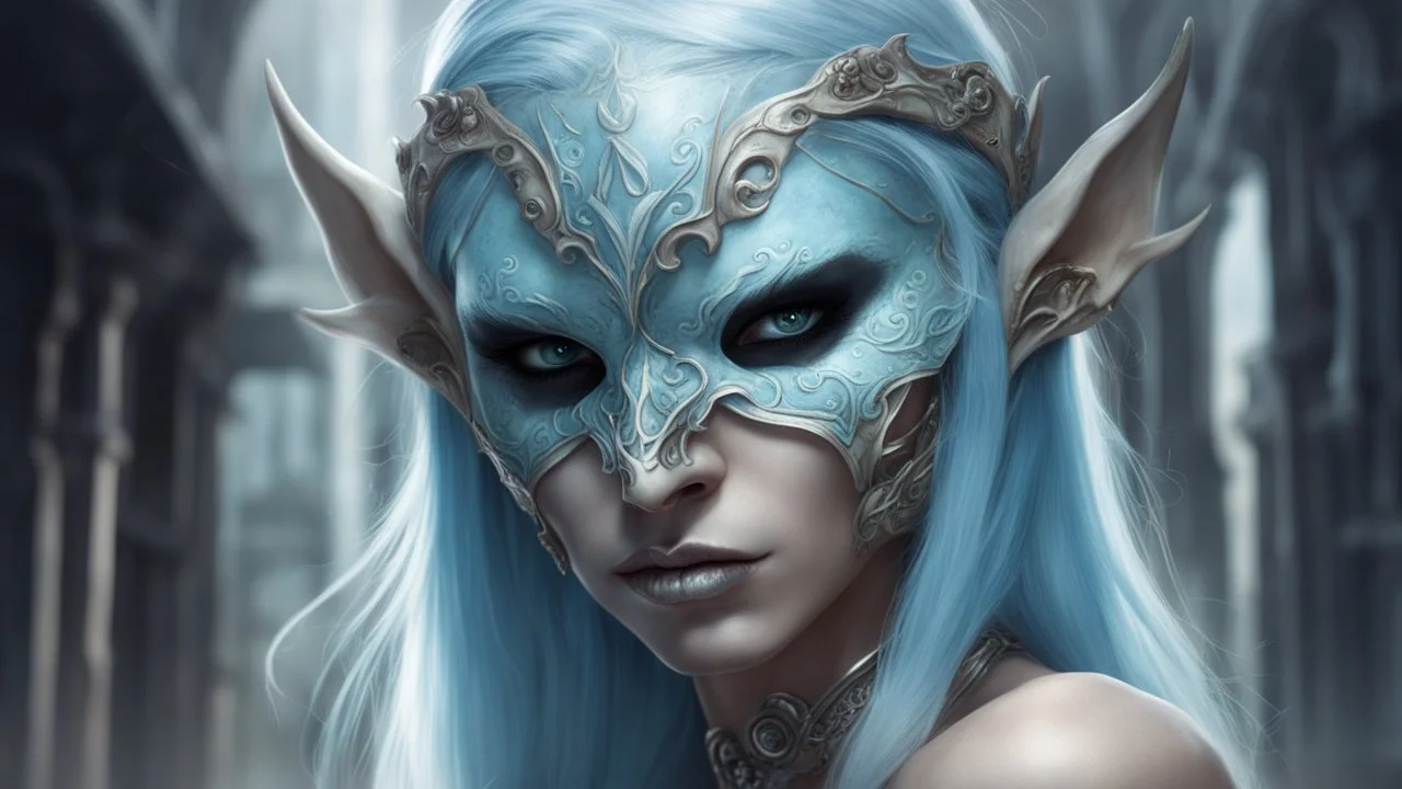 urban fantasy, woman, elf, skull mask, light-blue skin color