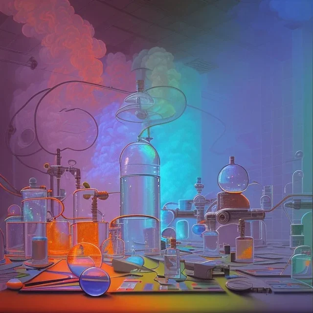 group of scientists is in the laboratory. invent new colors. smoke rises from multi-colored glassware. they are wearing overalls. color swatches in the background. hyperdetailed, orange and teal, warm colors, detailed painting, photorelistic, oil on canvas, light dust, futuristic. volumetric lighting