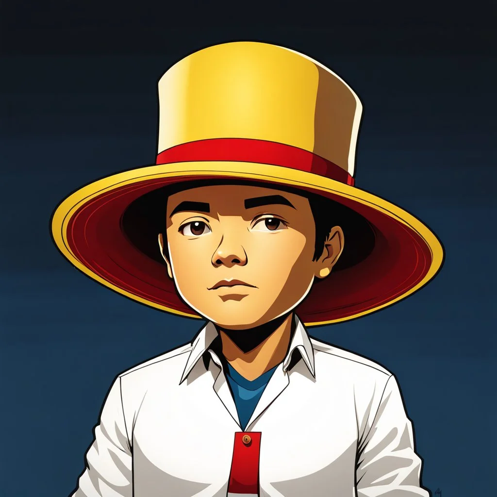 Gustavo Petro, comic style artwork, dark yellow, black, red and blue, with wide-brimmed hat, with white shirt, calm, chibi