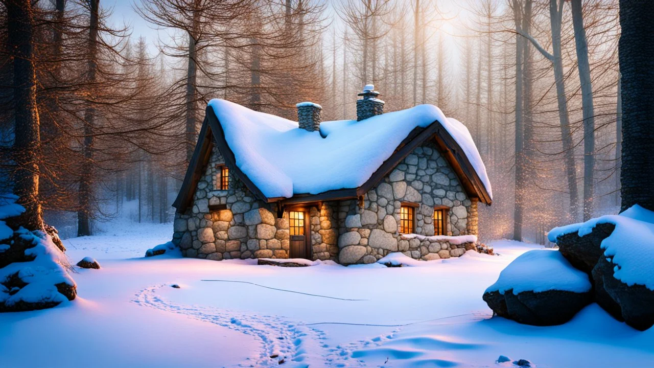 stone cottage in forest in winter