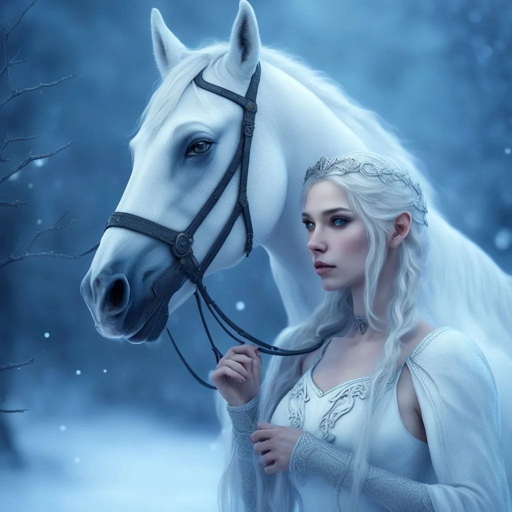 A white horse ,digital art, by Nikita Veprikov, fantasy art,closeup portrait shot, the white gorgeous 3d render, winter concept art, high fashion fantasy, high quality fantasy stock photo, centered elven, avatar image, shot with Sony Alpha a9 Il and Sony FE 200-600mm f/5.6-6.3 G OSS lens, natural light, hyper realistic photograph, ultra detailed -ar 3:2 -q 2 -s 750