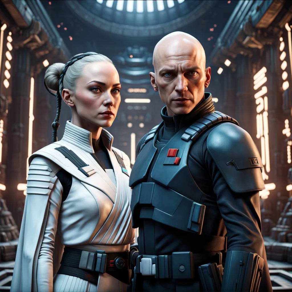 a bold and heroic bald male Corellian pilot in black and metallic grey First Order special forces gear meets a female Jedi Master in ancient, mystical temple, hyperdetailed, dynamic lighting, hyperdetailed background, 8k resolution, volumetric lighting, light skin, fully symmetric details