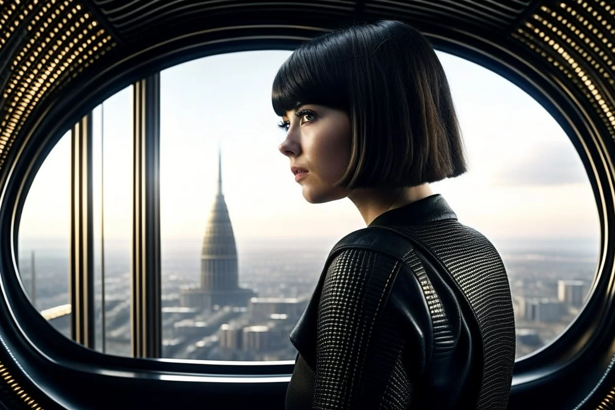 girl wearing black leather, shoulder-length bob, with fringe, in a science fiction building looking out over a large city